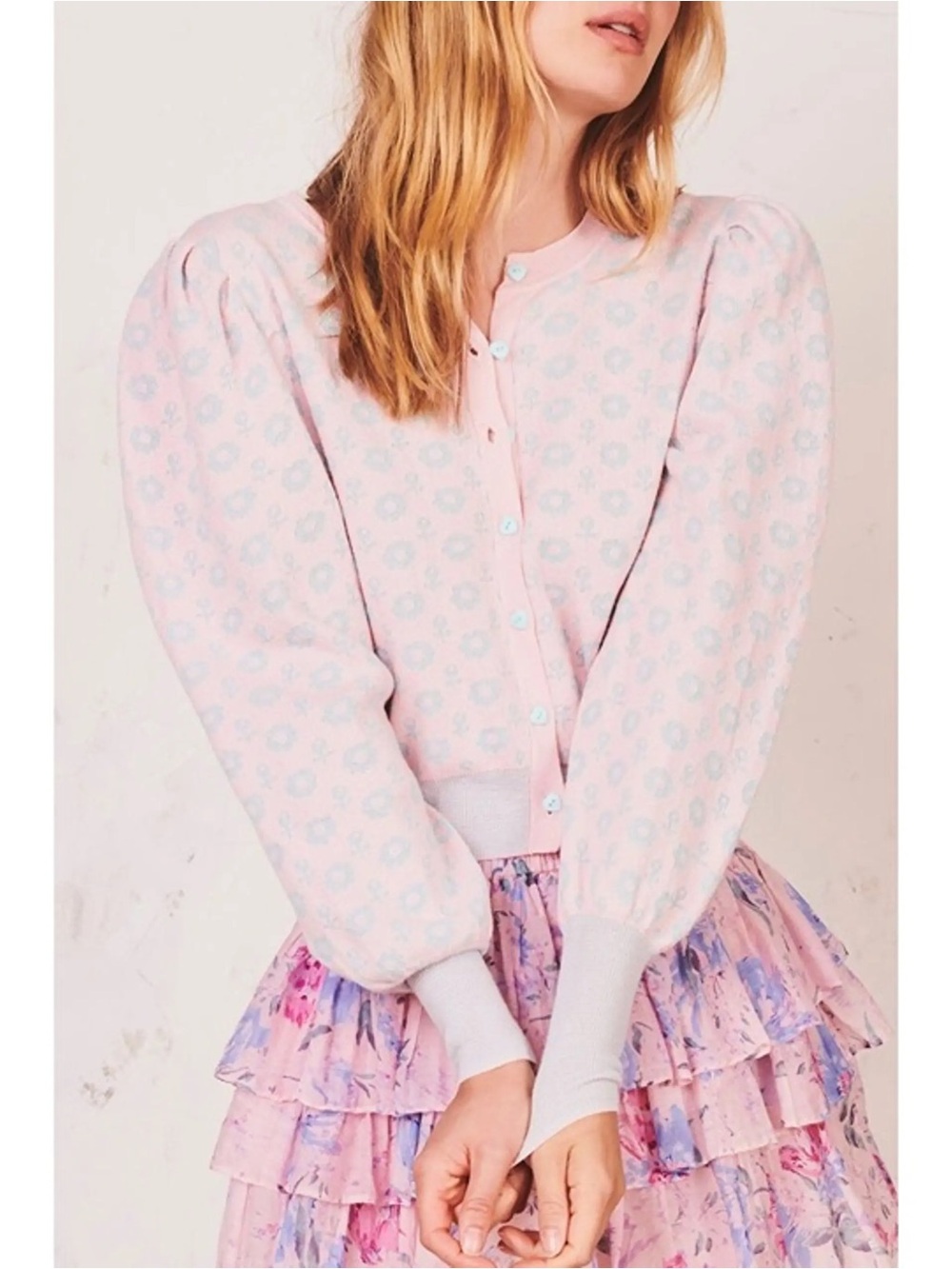 LOVESHACKFANCY Women’s Pink Floral Pattern Button Cardigan Sweater